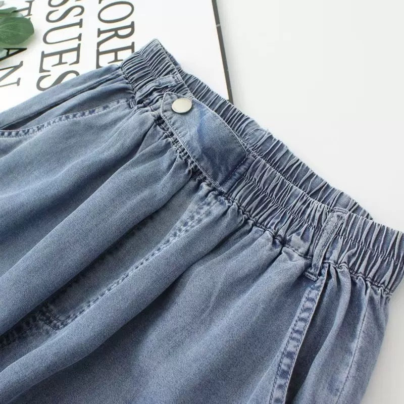 Women's patchwork embroidered cropped harem pants by FitiqueFit, featuring wide-leg, high waist denim casualwear.