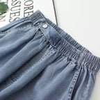 Women's patchwork embroidered cropped harem pants by FitiqueFit, featuring wide-leg, high waist denim casualwear.