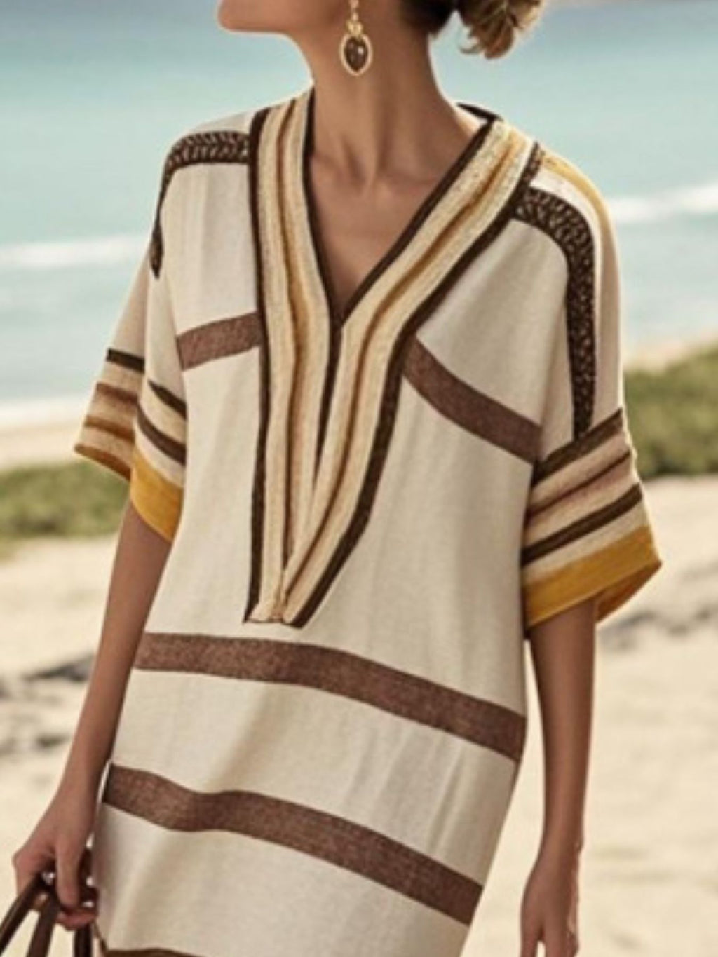Plus size women's striped midi dress with half sleeves from Plush Fashion Hub, casual chic everyday wear, shown on a model.