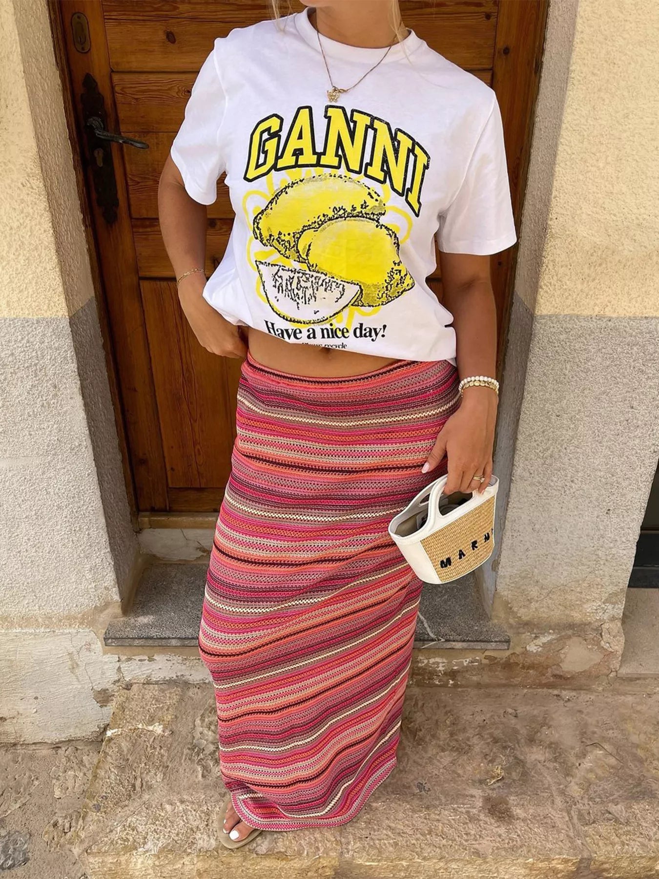 Striped maxi skirt from Trendsi featuring a flowing design and bold horizontal stripes, perfect for casual or summer wear.