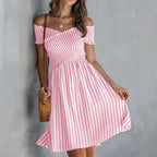 Women's off-shoulder striped waist-cinching midi dress by FitiqueFit, casualwear style, featuring a flattering fit and bold stripe pattern.