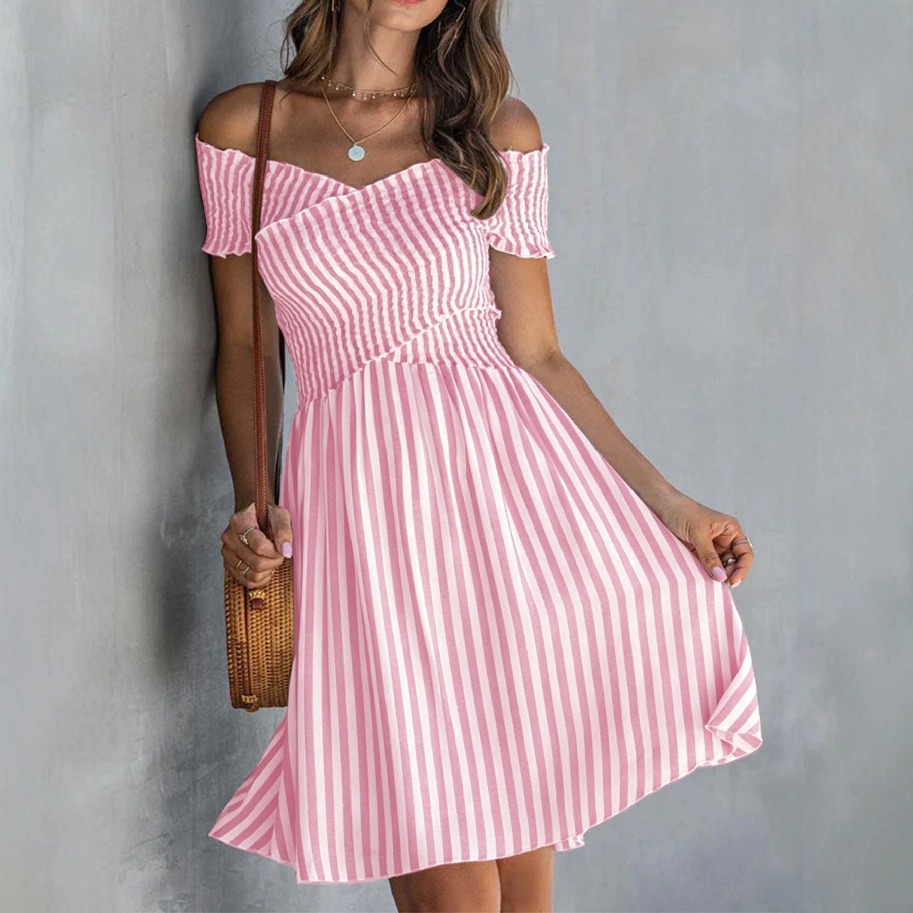 Women's off-shoulder striped waist-cinching midi dress by FitiqueFit, casualwear style, featuring a flattering fit and bold stripe pattern.