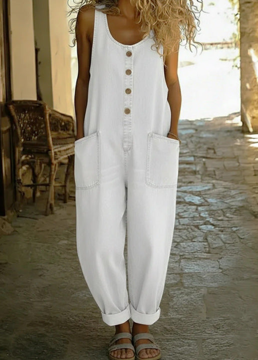Retro buckle multi-pocket overalls jumpsuit with 3/4 sleeves from FitiqueFit, featuring a vintage-inspired design and multiple functional pockets.