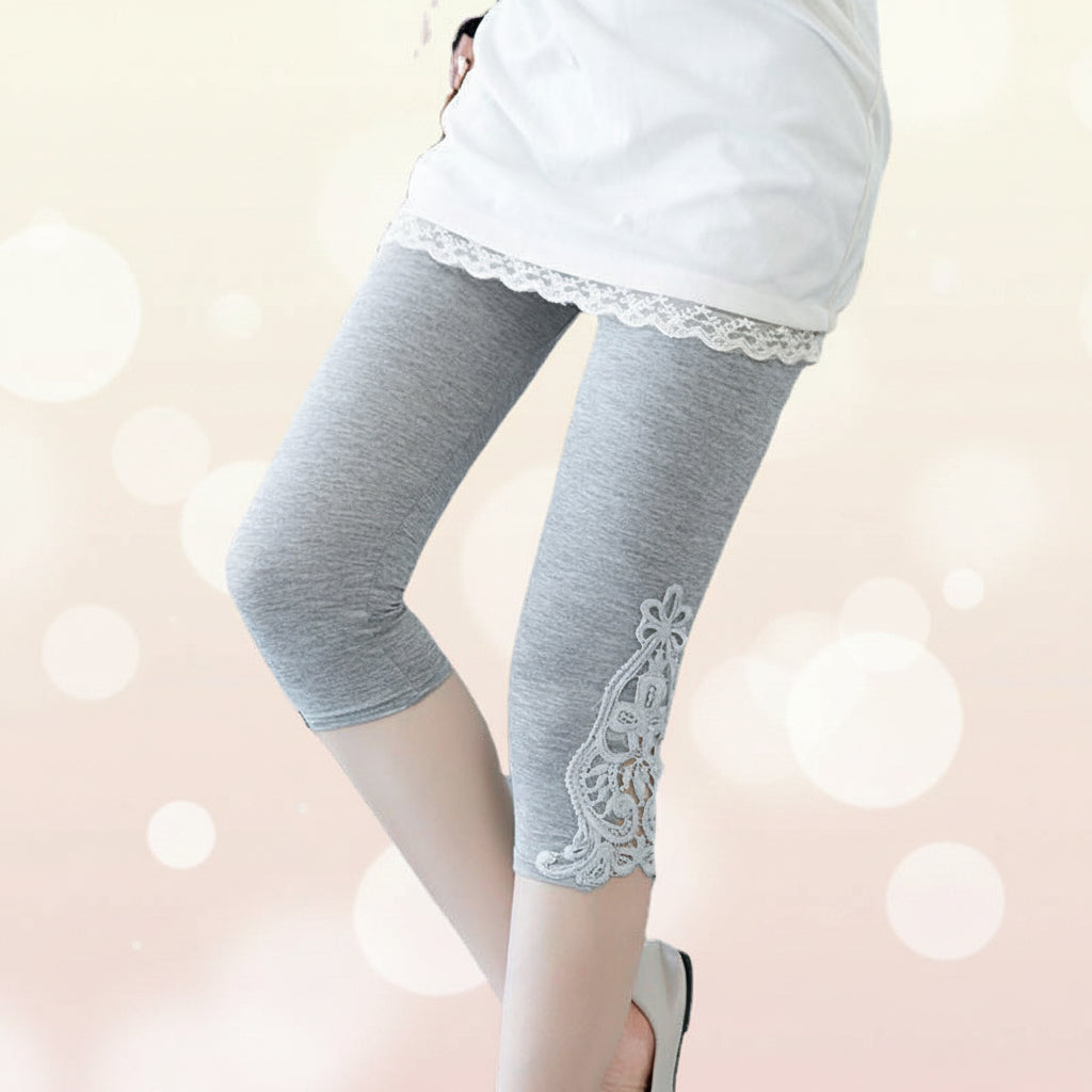 Women’s lace trim stretch leggings by FitiqueFit, stylish activewear pants with elegant lace details for comfortable movement.