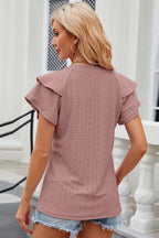 Trendsi eyelet notched flutter sleeve T-shirt, casual tops with eyelet details and flutter sleeves, displayed on a white background.