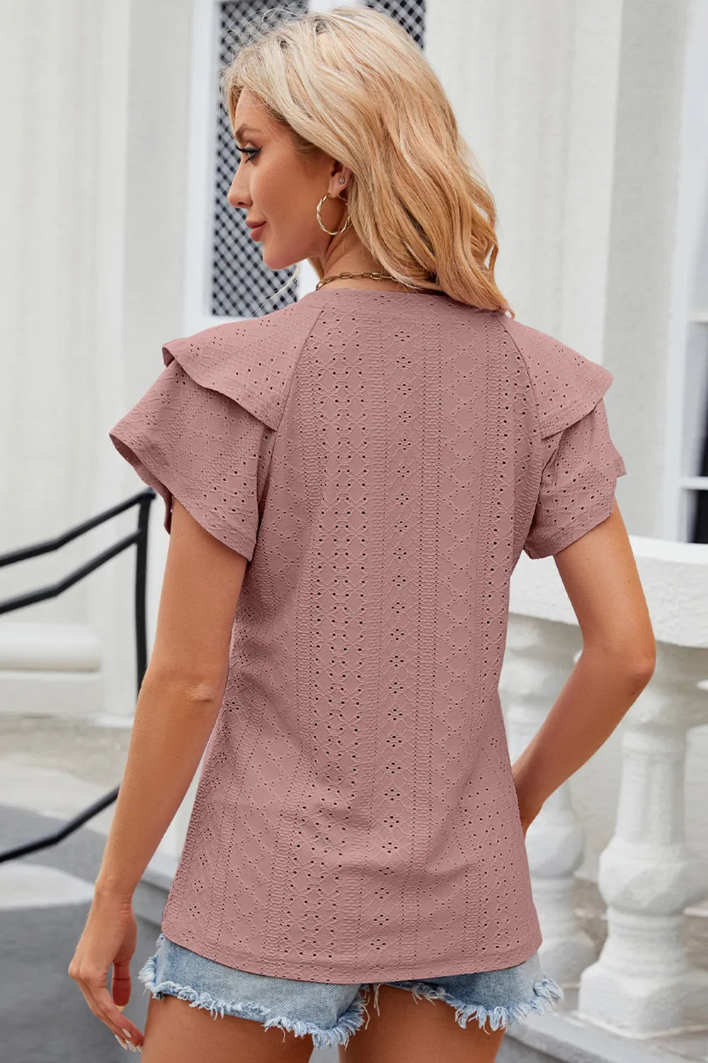Trendsi eyelet notched flutter sleeve T-shirt, casual tops with eyelet details and flutter sleeves, displayed on a white background.