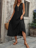 Ivy Lane women's sleeveless button-down dress with notched neck, made of 100% cotton, in a lightweight, casual style.