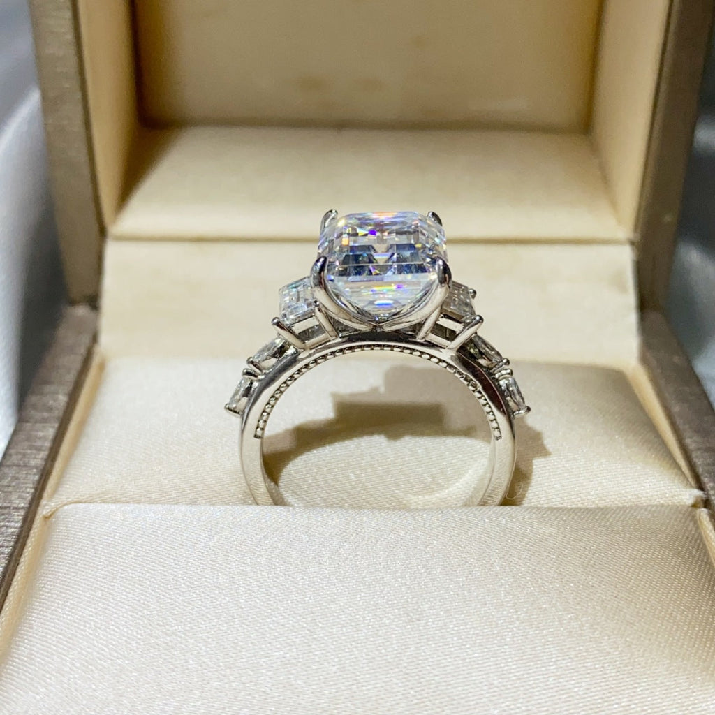 Sterling silver ring with a 5-carat moissanite gemstone, showcasing a sparkling, elegant design.