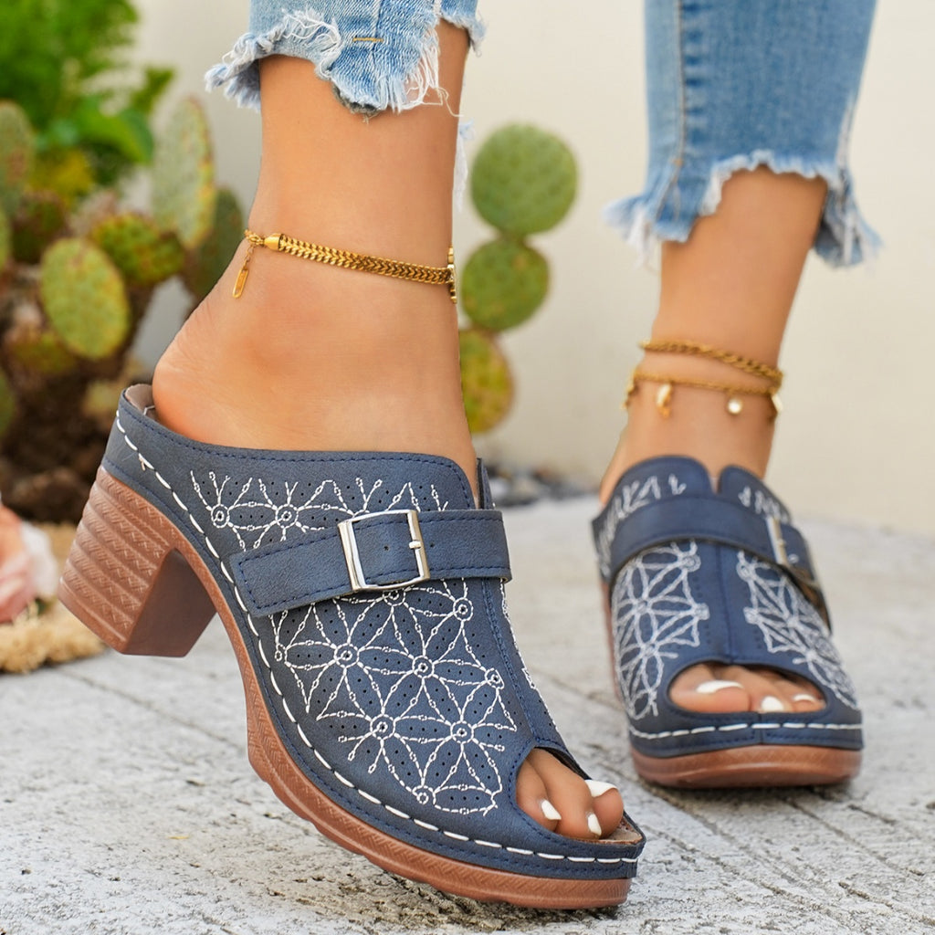 Women's chic buckle detail block heel sandals by Trendsi, made of premium faux leather, showcasing stylish design and comfortable fit.