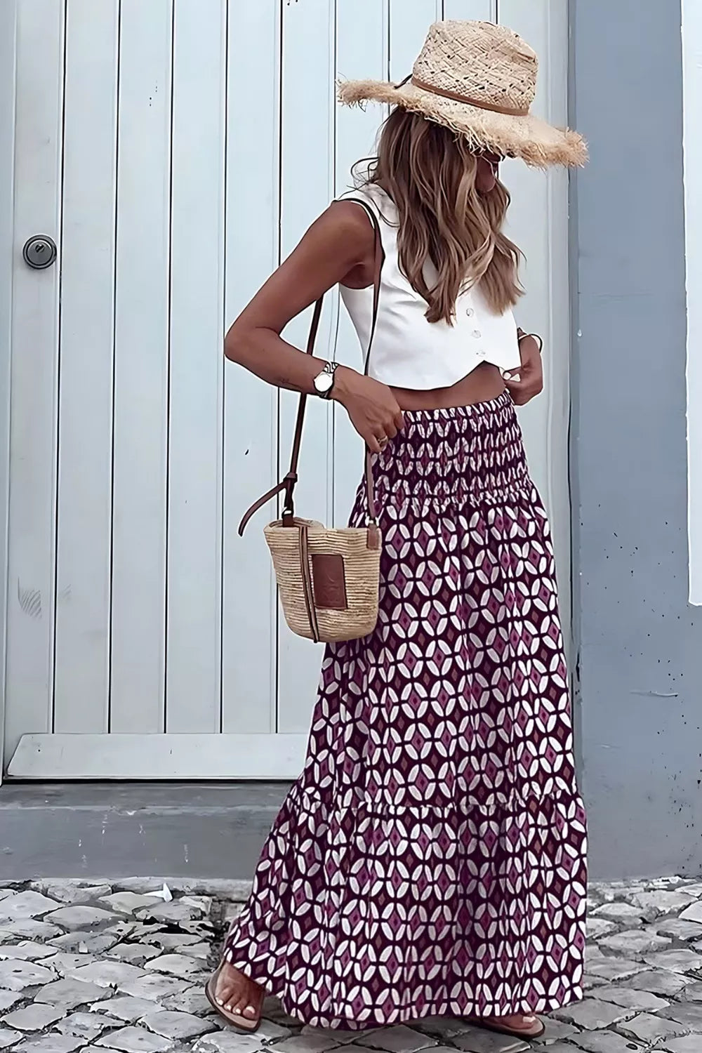 Geometric print smocked waist maxi dress by Plush Fashion Hub, featuring a flowy silhouette and stylish design.