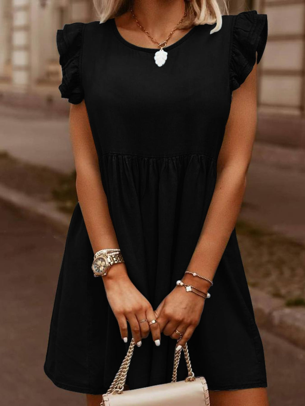 VYSN full size denim dress with ruffled round neck, cap sleeves, and a stylish casual design, perfect for everyday wear.