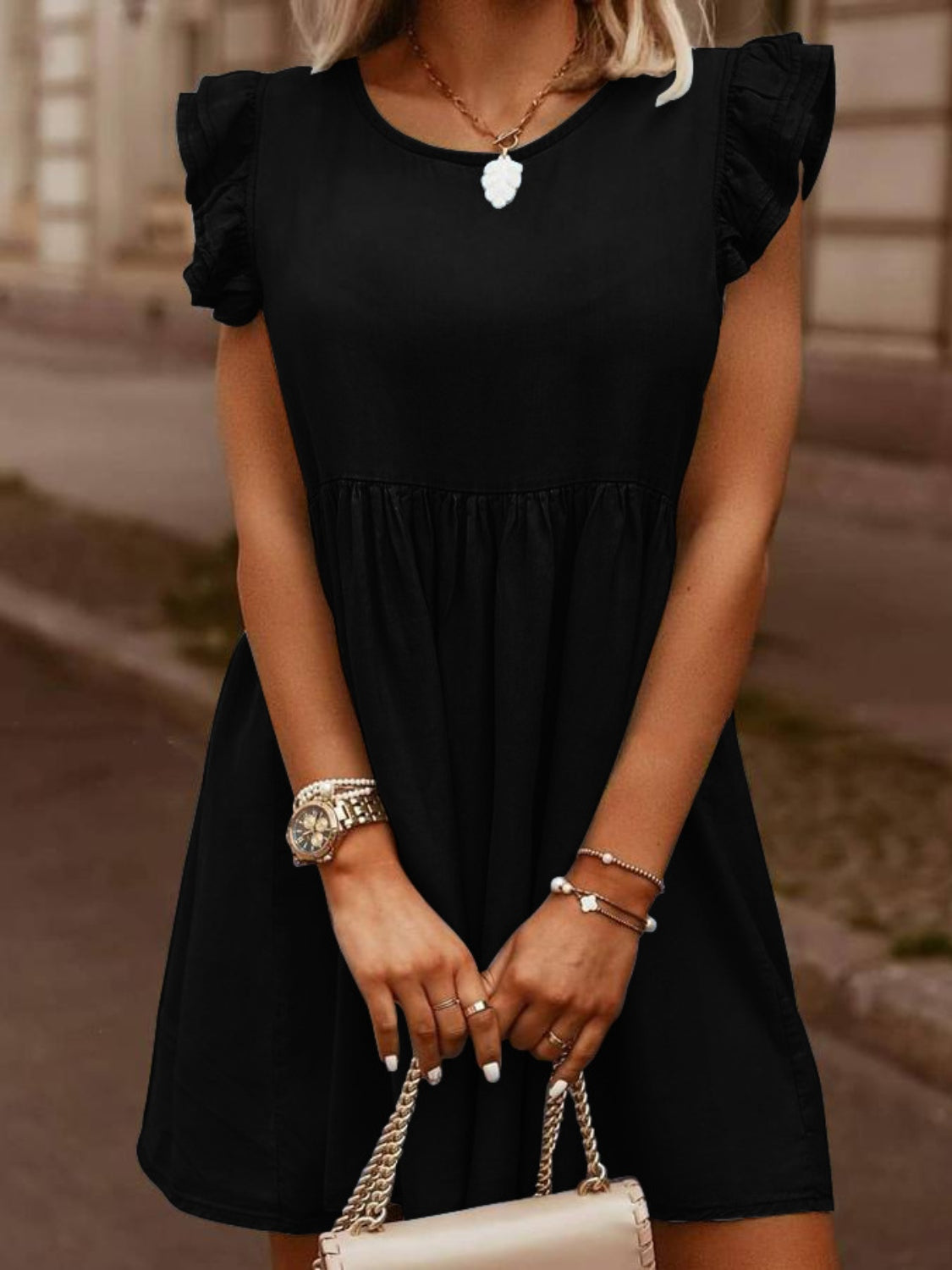VYSN full size denim dress with ruffled round neck, cap sleeves, and a stylish casual design, perfect for everyday wear.