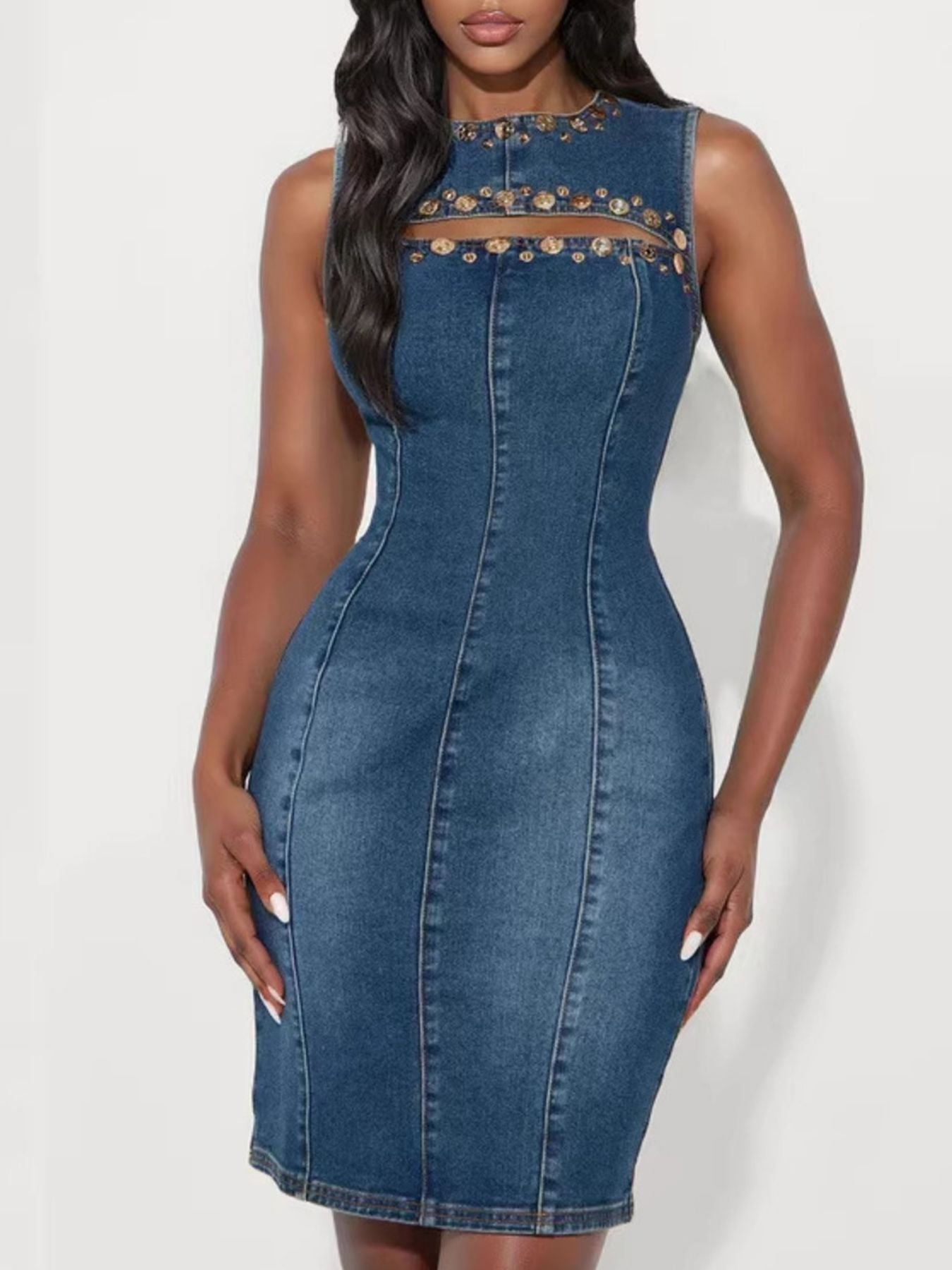 Sleeveless embellished cutout denim dress for women, featuring stylish details and fitted silhouette from Trendsi.