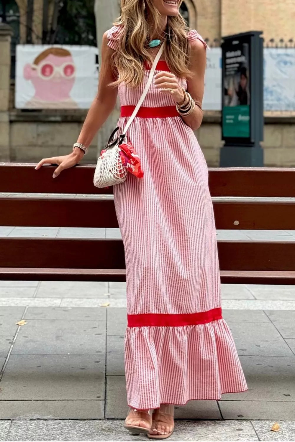 Plush Fashion Hub stripe bow knot straps high waist maxi dress with contrast trim and ruffle hem, casual summer style.