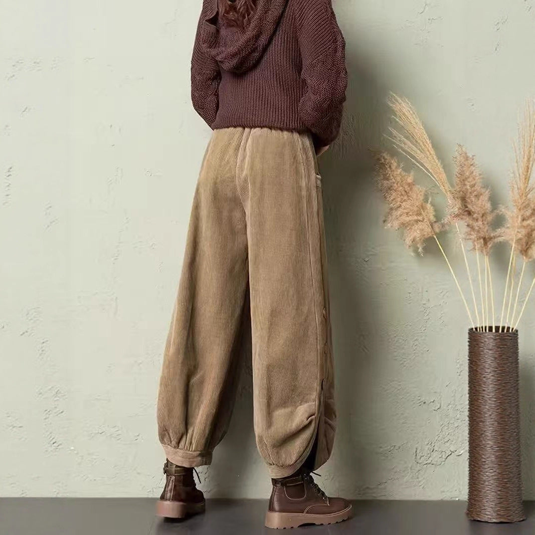 FitiqueFit corduroy wide-leg pants with lace-up detail, showcasing a trendy street style look in a casual outdoor setting.