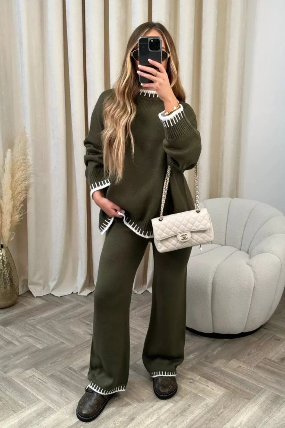 Simply Love contrast trim round neck sweater set with matching pants, featuring a stylish and comfortable knit design.