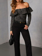 Women's off-shoulder ruffled denim blouse in soft blue, casual style, with short sleeves and feminine ruffle details.