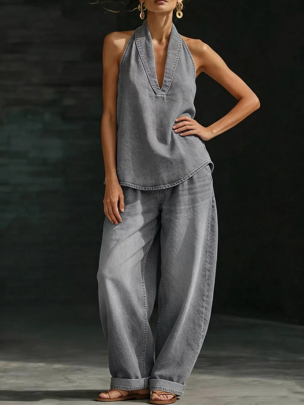 Plus size women's halter neck top and wide-leg pants two-piece set, stylish dress from Trendsi, featuring a halter top and flowy pants.