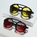Retro round leather frame sunglasses from FitiqueFit, vintage eyewear with classic leather accents and round lenses.