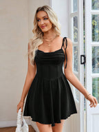 Women's casual FitiqueFit summer pleated halter dress with solid color, lace-up design, perfect for warm weather wear.