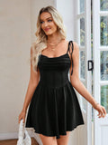 Women's casualwear summer dress with pleated design, lace-up halter neckline, solid color, by FitiqueFit.