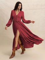 Plus size V-neck balloon sleeve maxi dress by Shopimist, featuring flowing fabric and elegant design in a full-length style.
