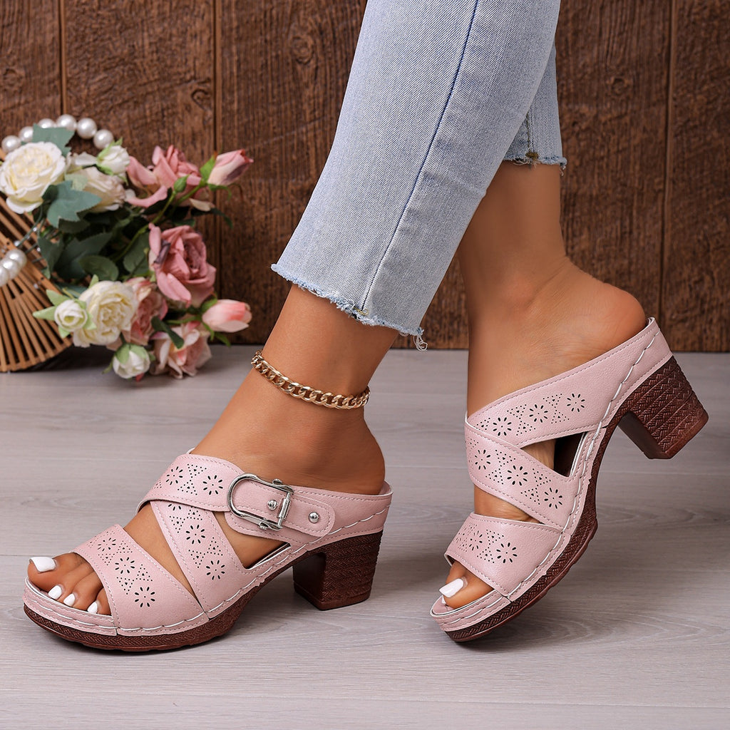 Women's open toe mid block heel sandals by Trendsi featuring a stylish design, comfortable fit, suitable for dressy and casual occasions.