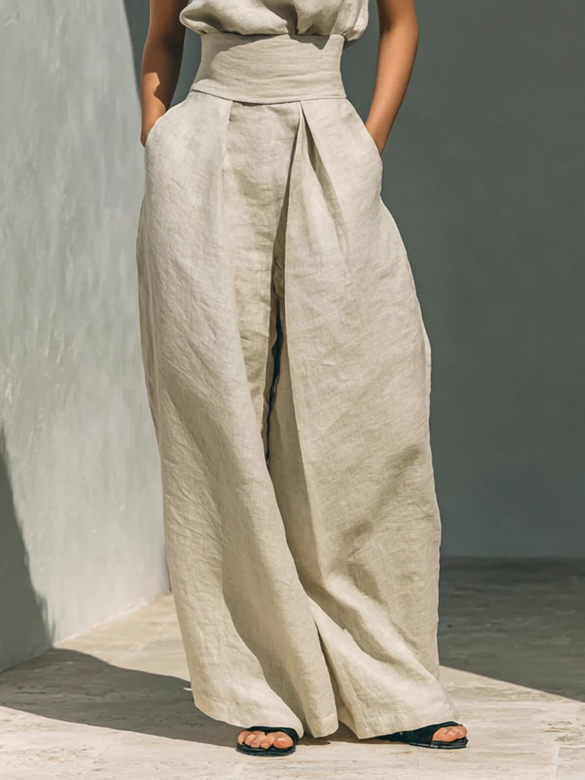 Plush Fashion Hub sleeveless turtleneck top and matching pants set, stylish and comfortable outfit for women.