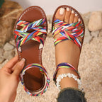 Shopimist open toe braided strap sandals with flat soles, featuring stylish woven straps and ankle fastening for casual summer wear.