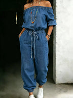 Off shoulder jumpsuit with pockets from Shopimist, featuring a stylish design and comfortable fit, shown in the product image.