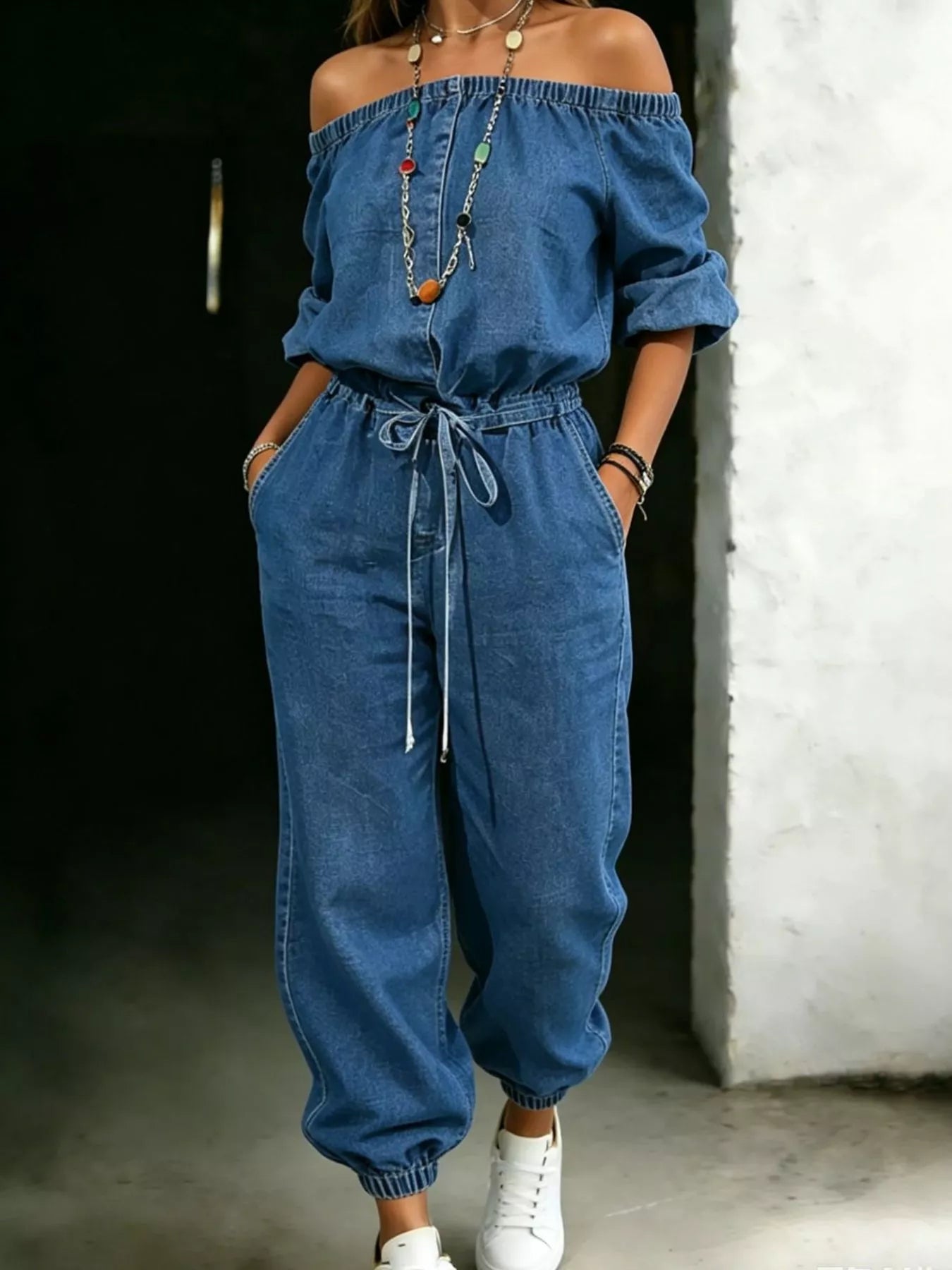 Off shoulder jumpsuit with pockets from Shopimist, featuring a stylish design and comfortable fit, shown in the product image.