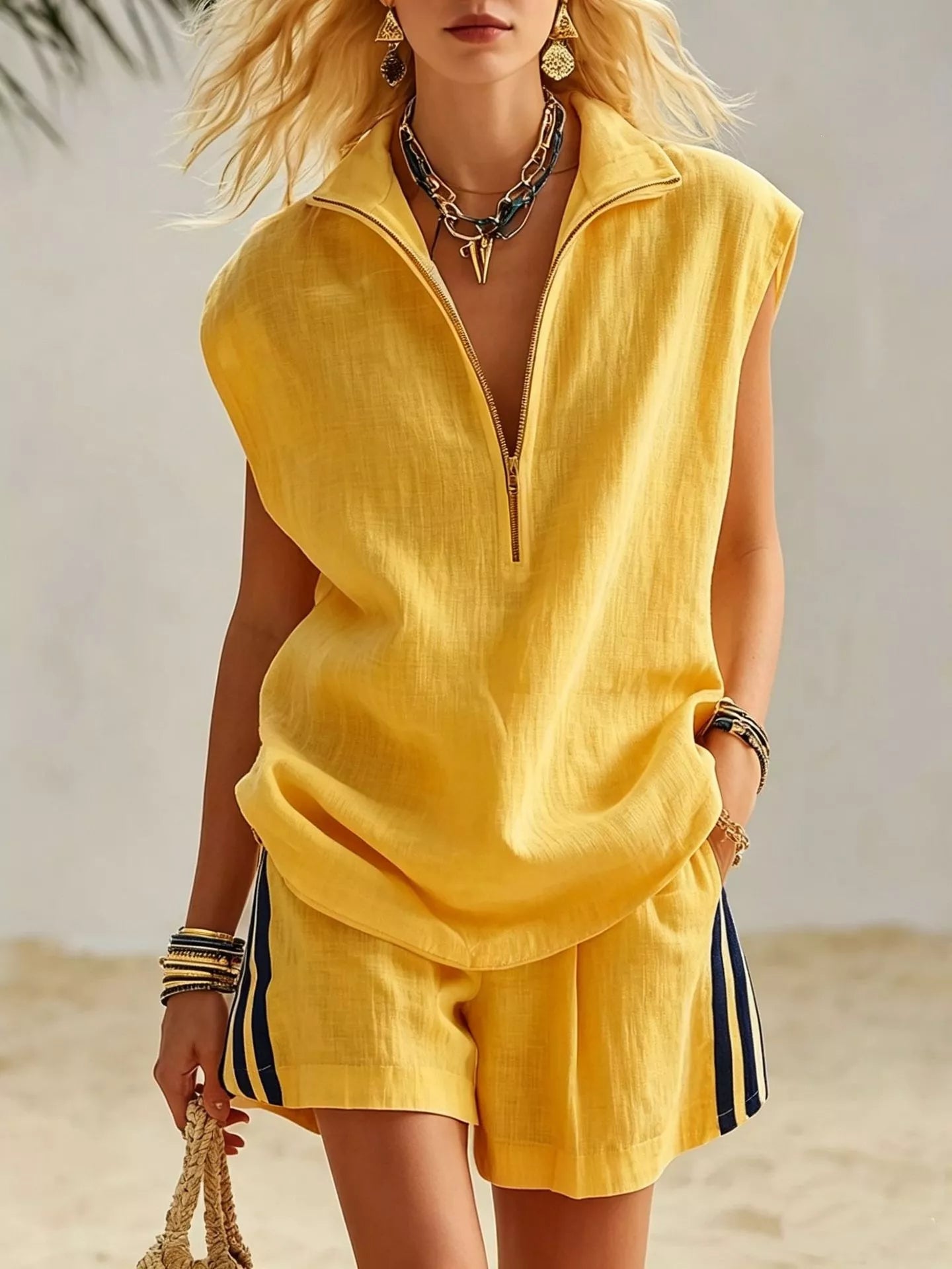 Plus size zip front sleeveless top and striped shorts set by Shopimist, casual two-piece summer outfit.