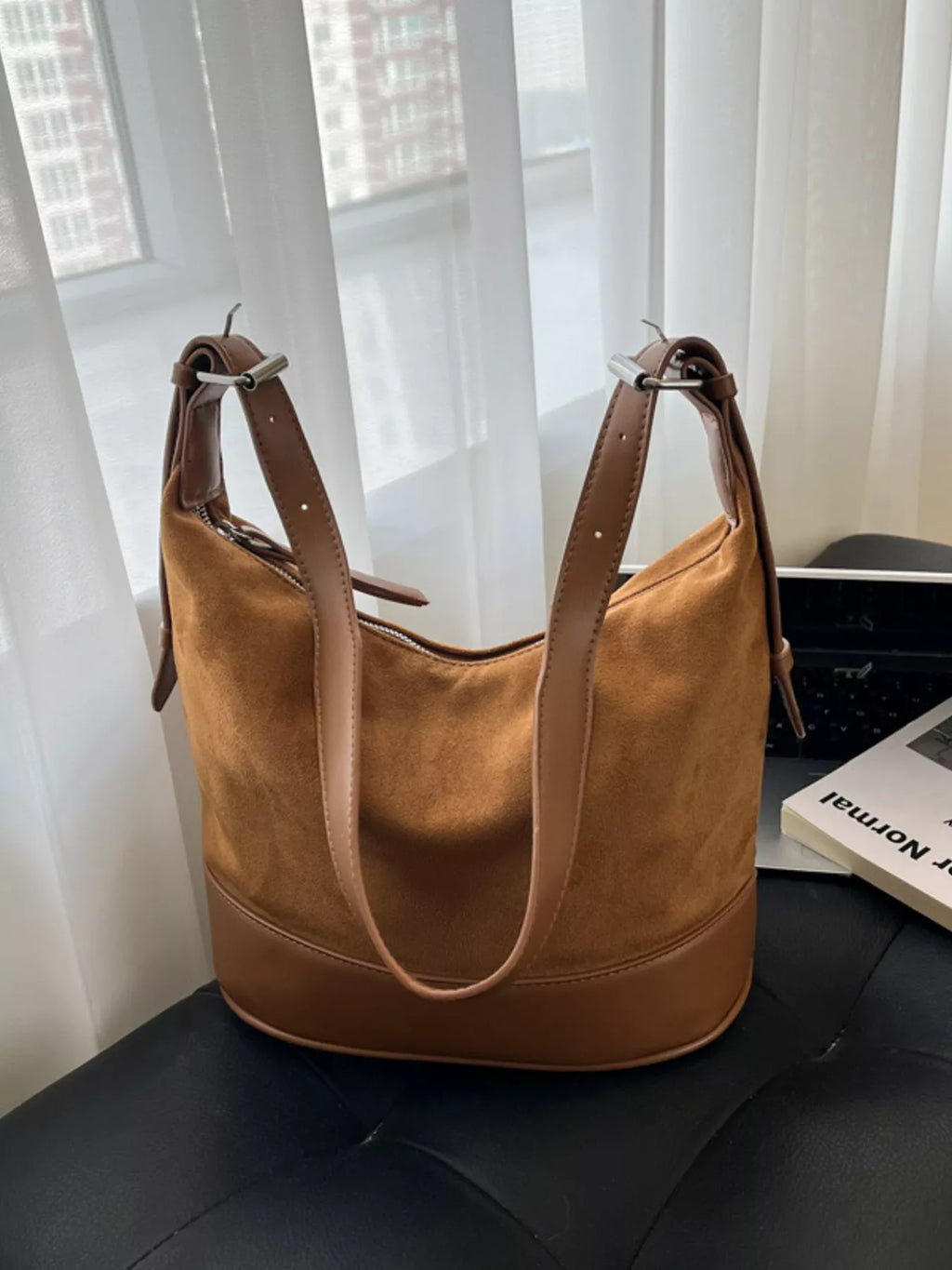 Shopimist adjustable strap tote bag with large open main compartment and sturdy handles, perfect for everyday use.
