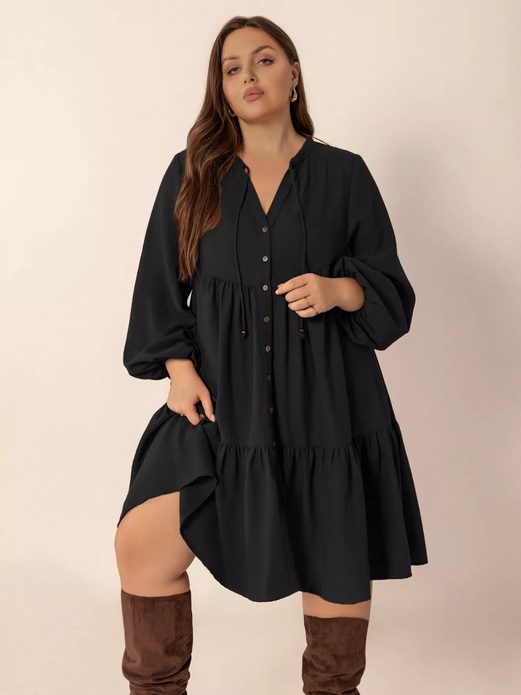 Plus size button front balloon sleeve dress by Shopimist, featuring a flattering fit and stylish design with button details.