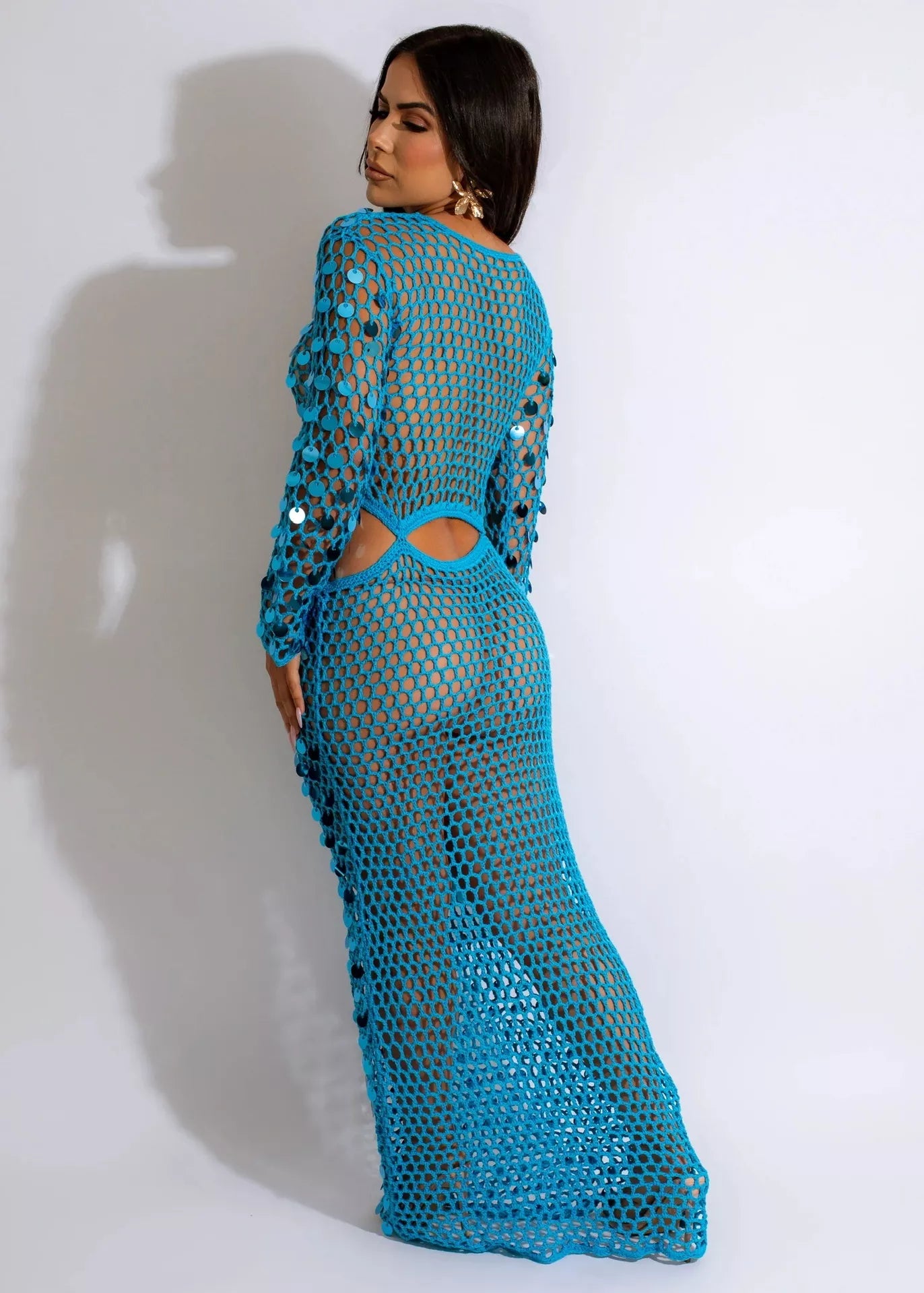 Plush Fashion Hub sequin mesh cutout maxi dress featuring shimmering sequins, mesh fabric, and stylish cutout details for elegant wear.