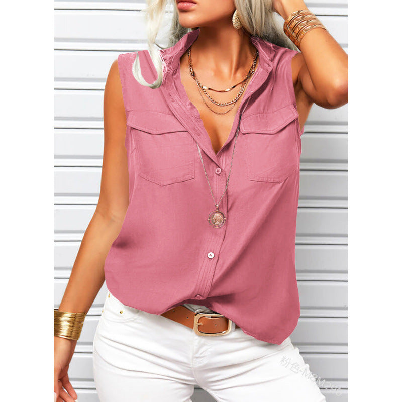 Women's sleeveless top with lapel collar, loose fit, solid color, and pockets from Plush Fashion Hub.