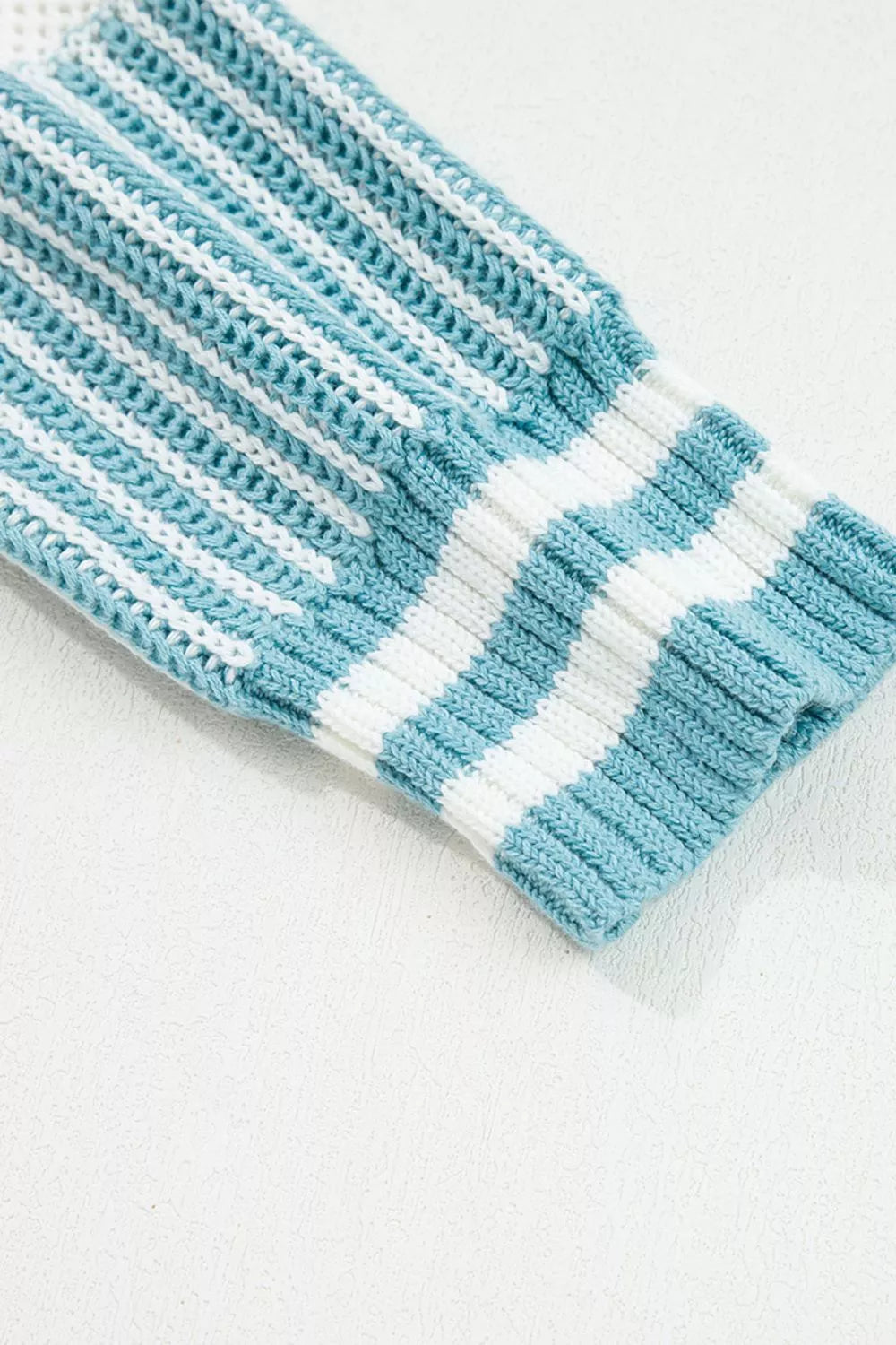 Two-tone striped patchwork drop shoulder loose sweater by Simply Love, showing the relaxed fit and colorful knit design.