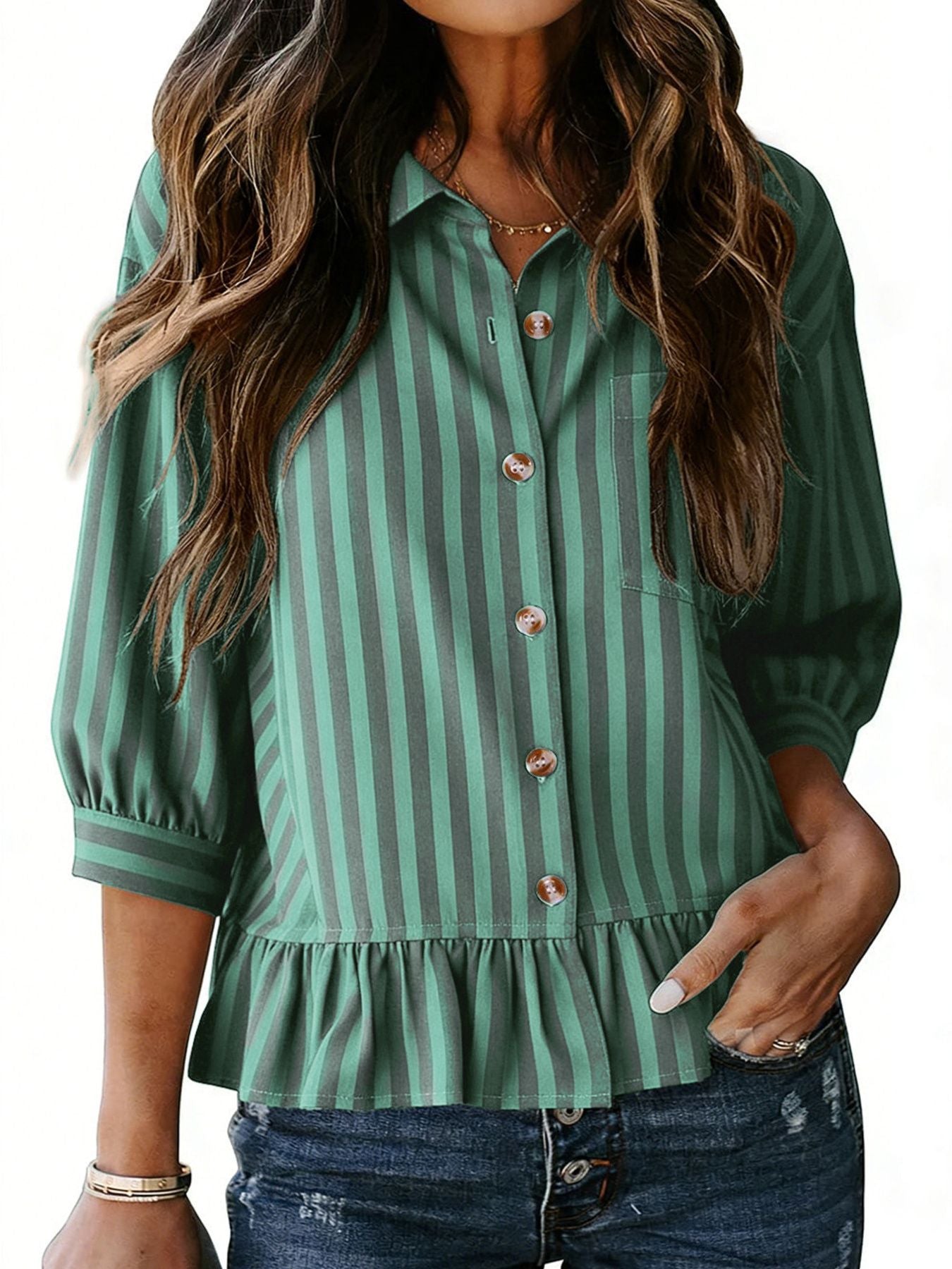 Women's striped button-down blouse with ruffled hem, lightweight viscose fabric, featuring a stylish and casual design.