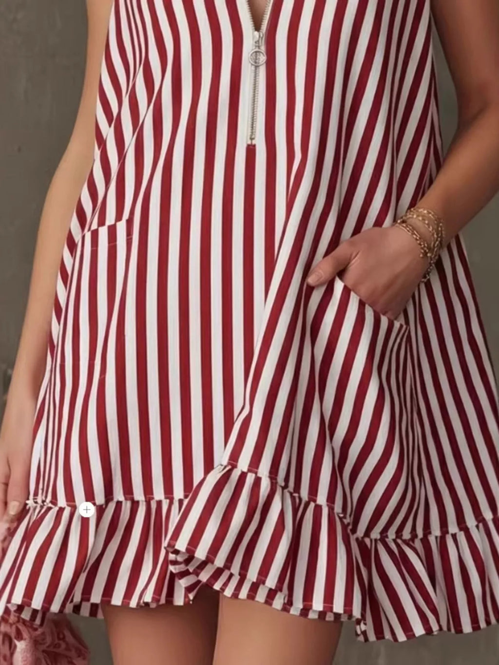 Striped zipper neck ruffle hem dress by Shopimist featuring vertical stripes, a zipper neckline, and a flared ruffle hem.