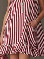 Striped zipper neck ruffle hem dress by Shopimist featuring vertical stripes, a zipper neckline, and a flared ruffle hem.