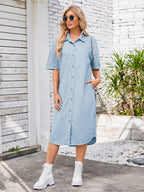 VYSN button-up dropped shoulder denim dress displayed on a hanger, featuring a classic collar and front buttons.