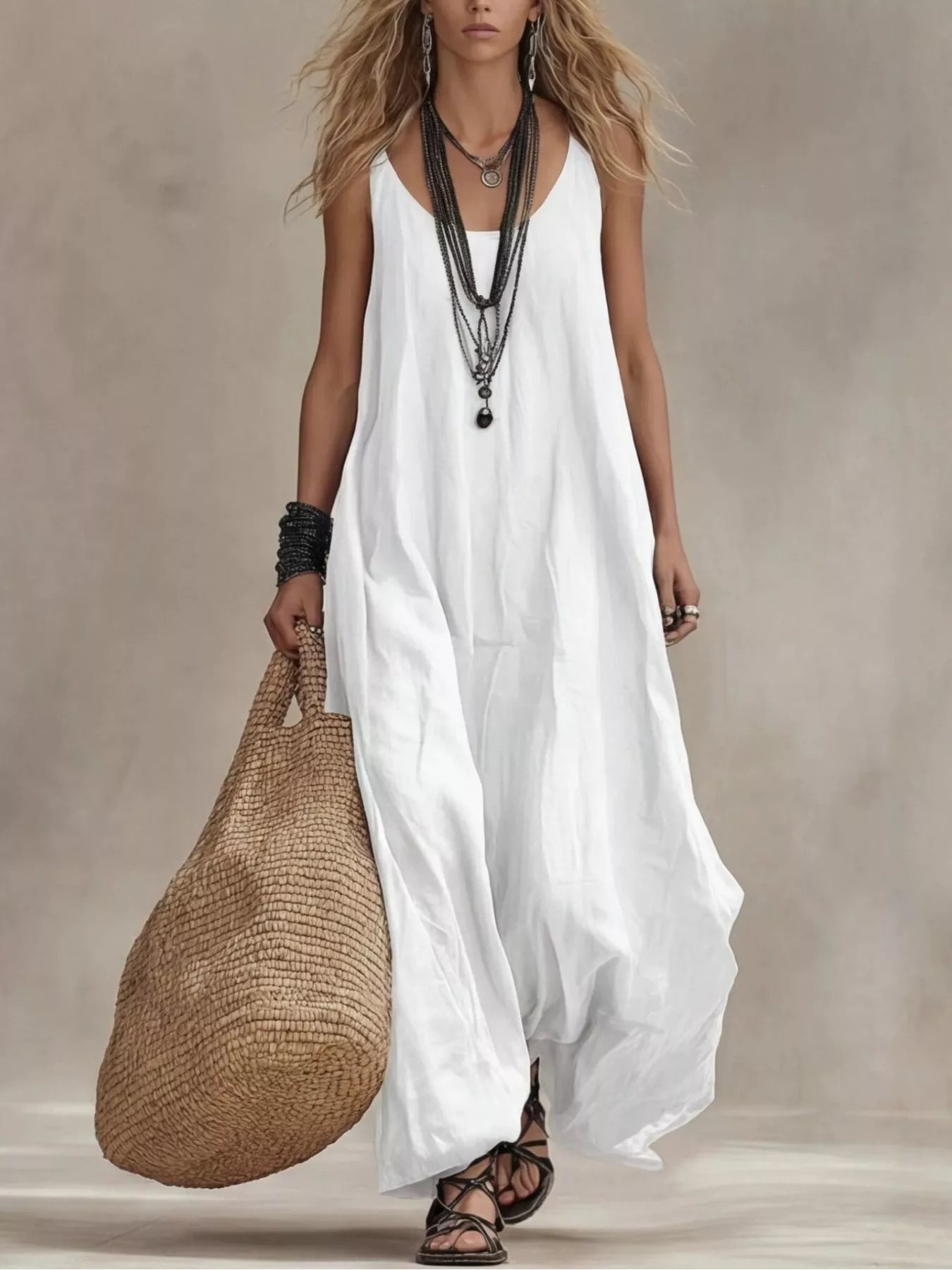 Plus size full-length scoop neck sleeveless maxi dress by Plush Fashion Hub, flowing fabric and elegant silhouette.