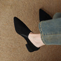 Women's suede pointed toe chunky heel pumps with deep vamp and low heel from Plush Fashion Hub, stylish footwear for elegant looks.