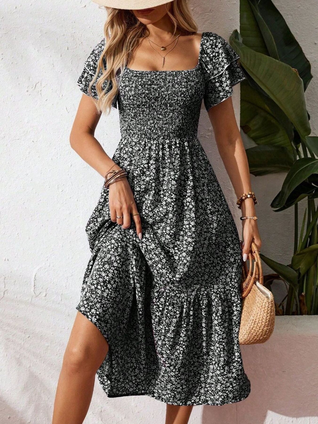 Floral print smocked ruffle sleeve midi dress from Trendsi, lightweight summer dress with feminine ruffle details.