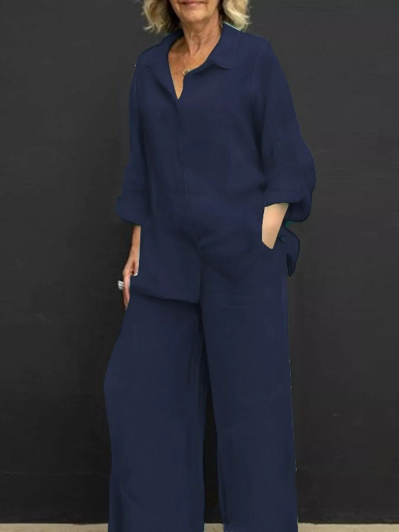 Plus size long sleeve shirt and pants set by Shopimist, featuring a comfortable, full-length matching outfit for women.