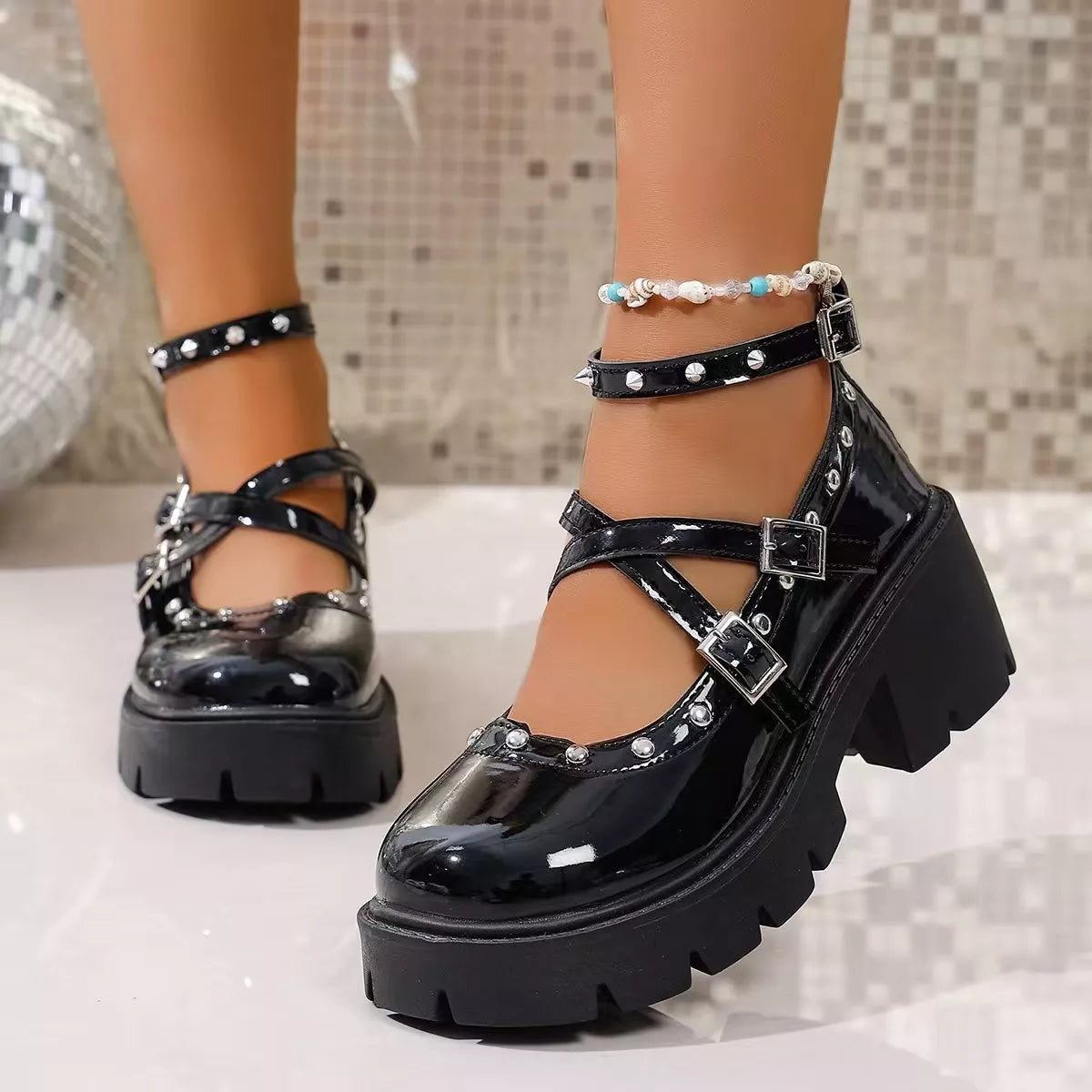 Plush Fashion Hub platform Mary Jane sneakers with chunky heels, stylish sandal design, black color, and adjustable straps.