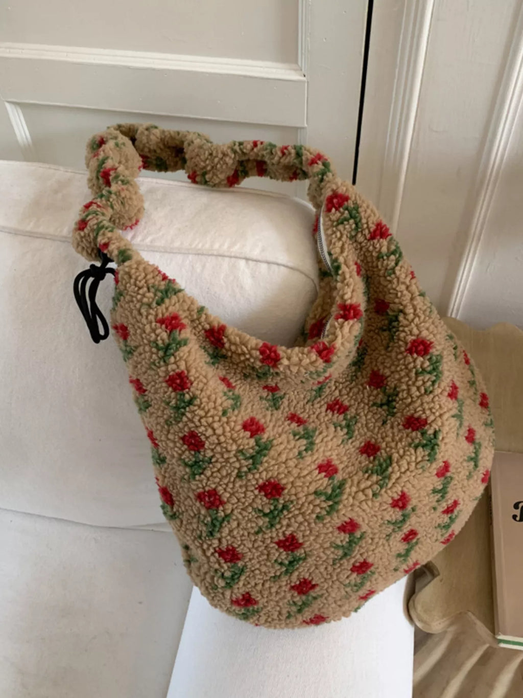 Sherpa ruched strap handbag by Shopimist featuring a cozy, textured fabric and stylish design for everyday use.