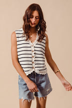 Women's striped knit sweater vest with crochet trim, featuring button-down front, from Plush Fashion Hub.