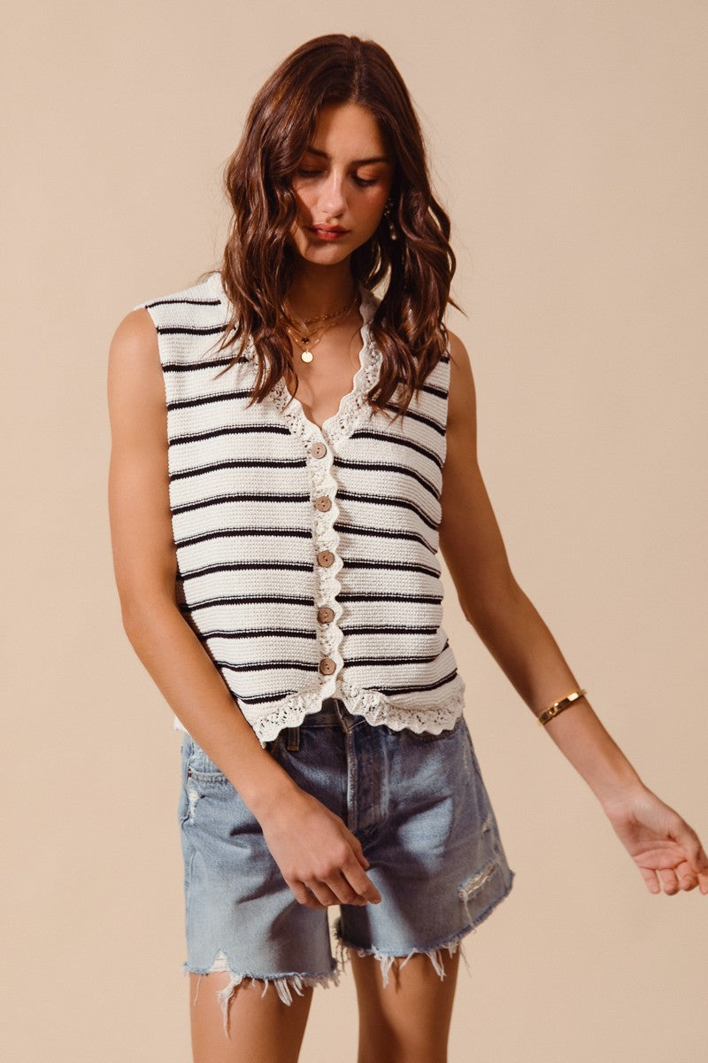 Women's striped knit sweater vest with crochet trim, featuring button-down front, from Plush Fashion Hub.