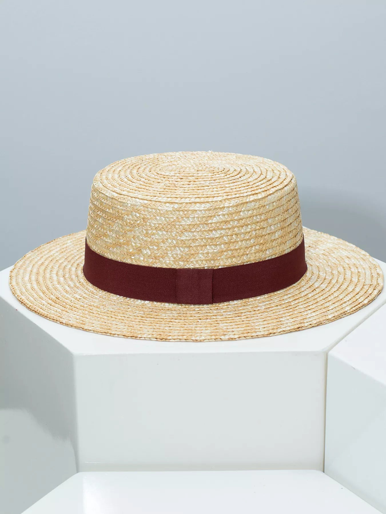 Plush Fashion Hub classic wheat straw boater hat with decorative ribbon, perfect elegant summer accessory.